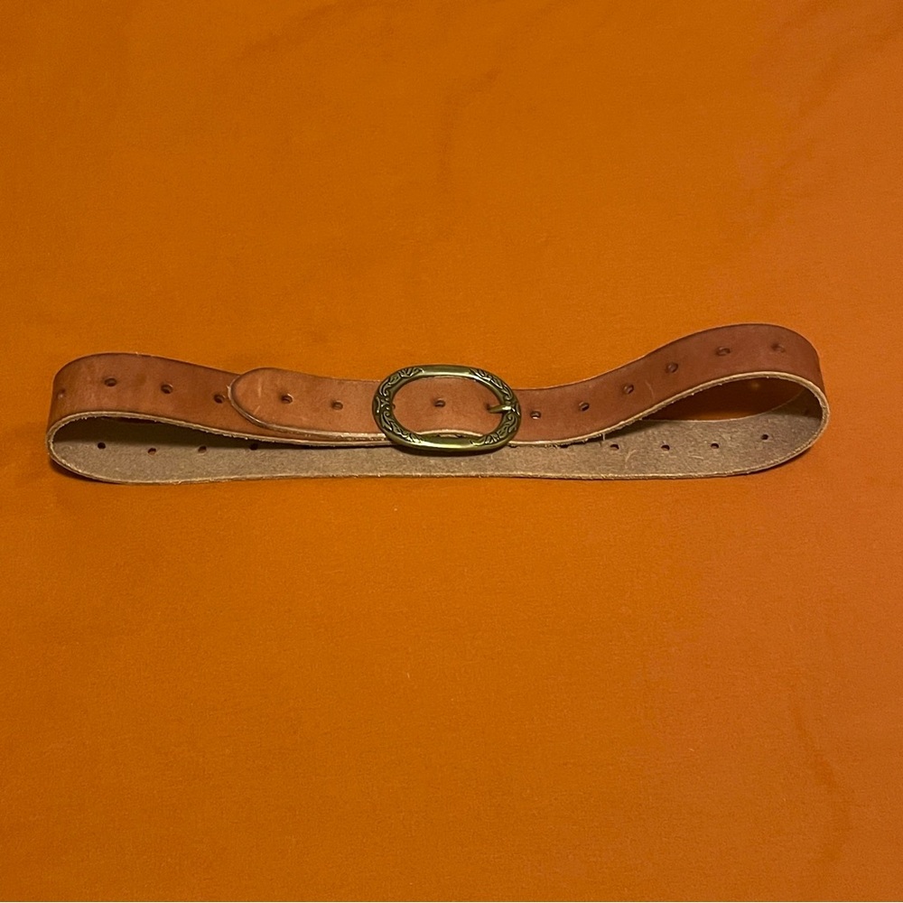 Lucky Brand Tan Leather Belt with Brass Etched Buckle